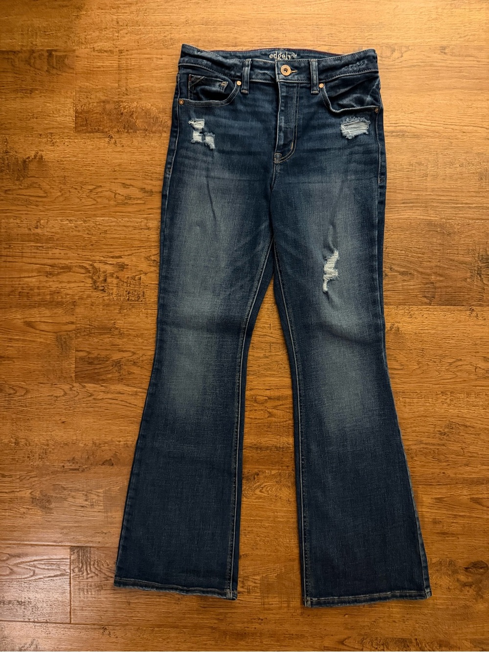 Edgely Women's Dark Blue Distressed Flare Jeans